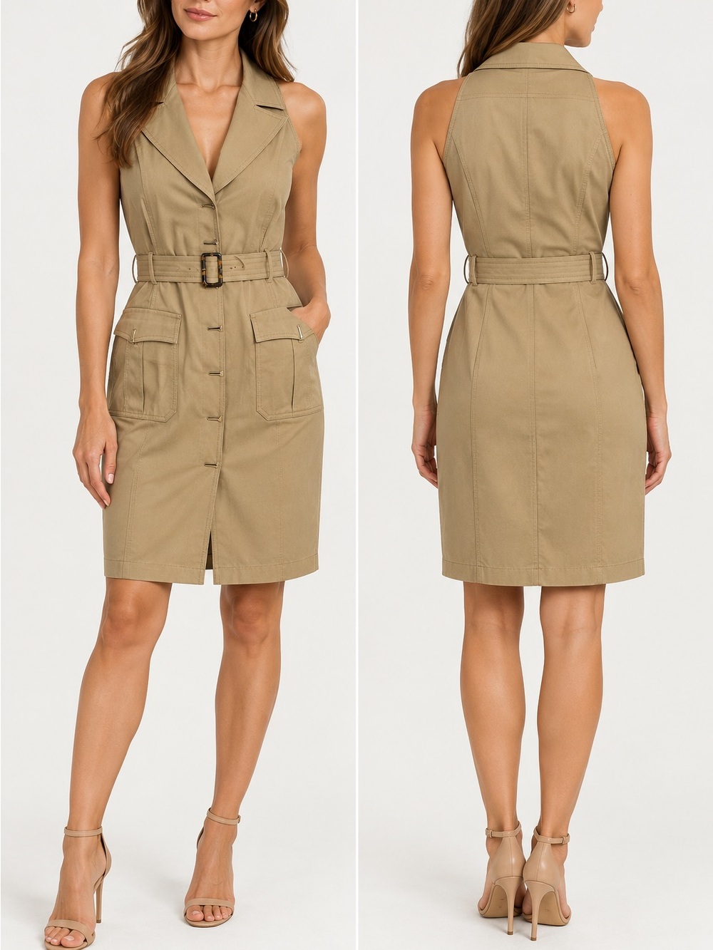 Vintage Escada Safari Utility Midi Dress Belted Khaki Size 38 US 8